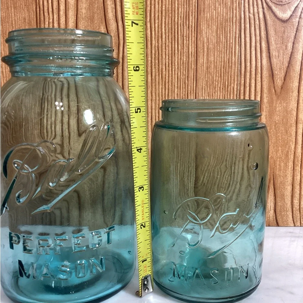Antique 1900-1923 Ball Perfect Mason Quart Aqua Glass & 1 Pint
